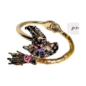 Betsey Johnson Halloween Bracelet Witch Hat Broom Gold Pink Butterfly Hinged New